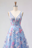 Robe de bal de bal bleue fleurale en ligne A à col en V
