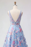 Robe de bal de bal bleue fleurale en ligne A à col en V