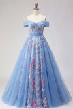 Robe longue de bal de bal bleue à épaules décalées A Line Appliqué