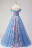 Robe longue de bal de bal bleue à épaules décalées A Line Appliqué