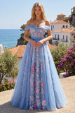 Robe longue de bal de bal bleue à épaules décalées A Line Appliqué