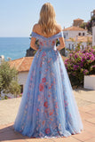 Robe longue de bal de bal bleue à épaules décalées A Line Appliqué