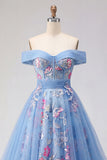 Robe longue de bal de bal bleue à épaules décalées A Line Appliqué
