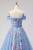 Robe longue de bal de bal bleue à épaules décalées A Line Appliqué