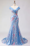 Corset bleu à col en V avec un corset de fin d’année long