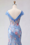 Corset bleu à col en V avec un corset de fin d’année long