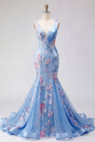 Corset de bal long à col en V bleu sirène fleuri