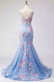 Corset de bal long à col en V bleu sirène fleuri