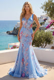 Corset de bal long à col en V bleu sirène fleuri