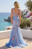 Corset de bal long à col en V bleu sirène fleuri