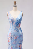 Corset de bal long à col en V bleu sirène fleuri