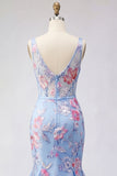 Corset de bal long à col en V bleu sirène fleuri