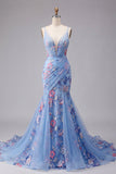 Robe de bal de bal à bretelles fines en V à bretelles florales sirène bleue