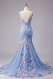 Robe de bal de bal à bretelles fines en V à bretelles florales sirène bleue