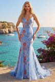 Robe de bal de bal à bretelles fines en V à bretelles florales sirène bleue