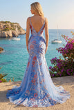 Robe de bal de bal à bretelles fines en V à bretelles florales sirène bleue