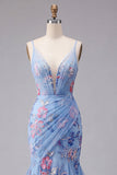 Robe de bal de bal à bretelles fines en V à bretelles florales sirène bleue