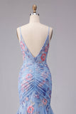 Robe de bal de bal à bretelles fines en V à bretelles florales sirène bleue