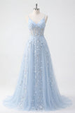 Robe longue de bal de promo à l’applique avec corset bleu à sequins A Line