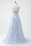 Robe longue de bal de promo à l’applique avec corset bleu à sequins A Line