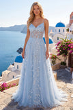 Robe longue de bal de promo à l’applique avec corset bleu à sequins A Line