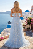 Robe longue de bal de promo à l’applique avec corset bleu à sequins A Line