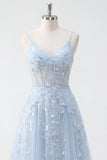 Robe longue de bal de promo à l’applique avec corset bleu à sequins A Line