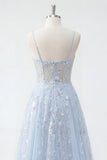 Robe longue de bal de promo à l’applique avec corset bleu à sequins A Line