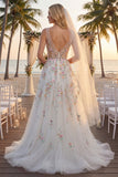 Robe de mariée longue en sequins blancs avec fleurs 3D