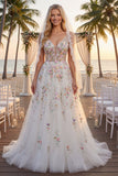 Robe de mariée longue en sequins blancs avec fleurs 3D