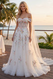 Corset fleuri blanc scintillant perlé sur les épaules Une robe de mariée longue ligne