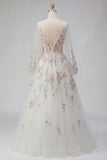 Robe de mariée blanche à fleurs froncées à col en V et ligne A à manches longues
