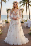 Robe de mariée blanche à fleurs froncées à col en V et ligne A à manches longues