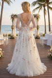 Robe de mariée blanche à fleurs froncées à col en V et ligne A à manches longues
