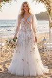 Robe de mariée blanche à fleurs froncées à col en V et ligne A à manches longues