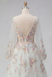Robe de mariée blanche à fleurs froncées à col en V et ligne A à manches longues