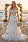 Corset fleuri blanc scintillant perlé sur les épaules Une robe de mariée longue ligne