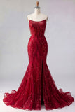 Robe de bal longue sirène bourgogne scintillante avec perles et fente