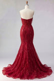 Robe de bal longue sirène bourgogne scintillante avec perles et fente