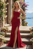 Robe de bal longue sirène bourgogne scintillante avec perles et fente