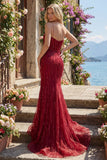 Robe de bal longue sirène bourgogne scintillante avec perles et fente