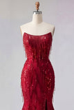 Robe de bal longue sirène bourgogne scintillante avec perles et fente