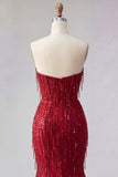 Robe de bal longue sirène bourgogne scintillante avec perles et fente