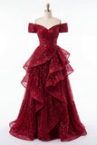 Robe de bal longue bourgogne étincelante épaules dénudées à sequins froncée