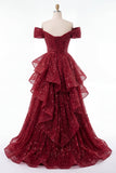 Robe de bal longue bourgogne étincelante épaules dénudées à sequins froncée