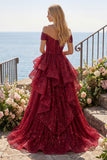 Robe de bal longue bourgogne étincelante épaules dénudées à sequins froncée