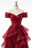 Robe de bal longue bourgogne étincelante épaules dénudées à sequins froncée