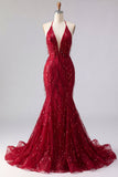 Robe de bal de bal à dos nu scintillante bourgogne dorsal nu, longue robe de bal perlée avec franges