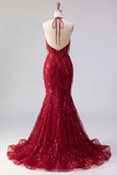 Robe de bal de bal à dos nu scintillante bourgogne dorsal nu, longue robe de bal perlée avec franges