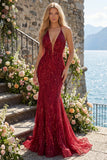 Robe de bal de bal à dos nu scintillante bourgogne dorsal nu, longue robe de bal perlée avec franges